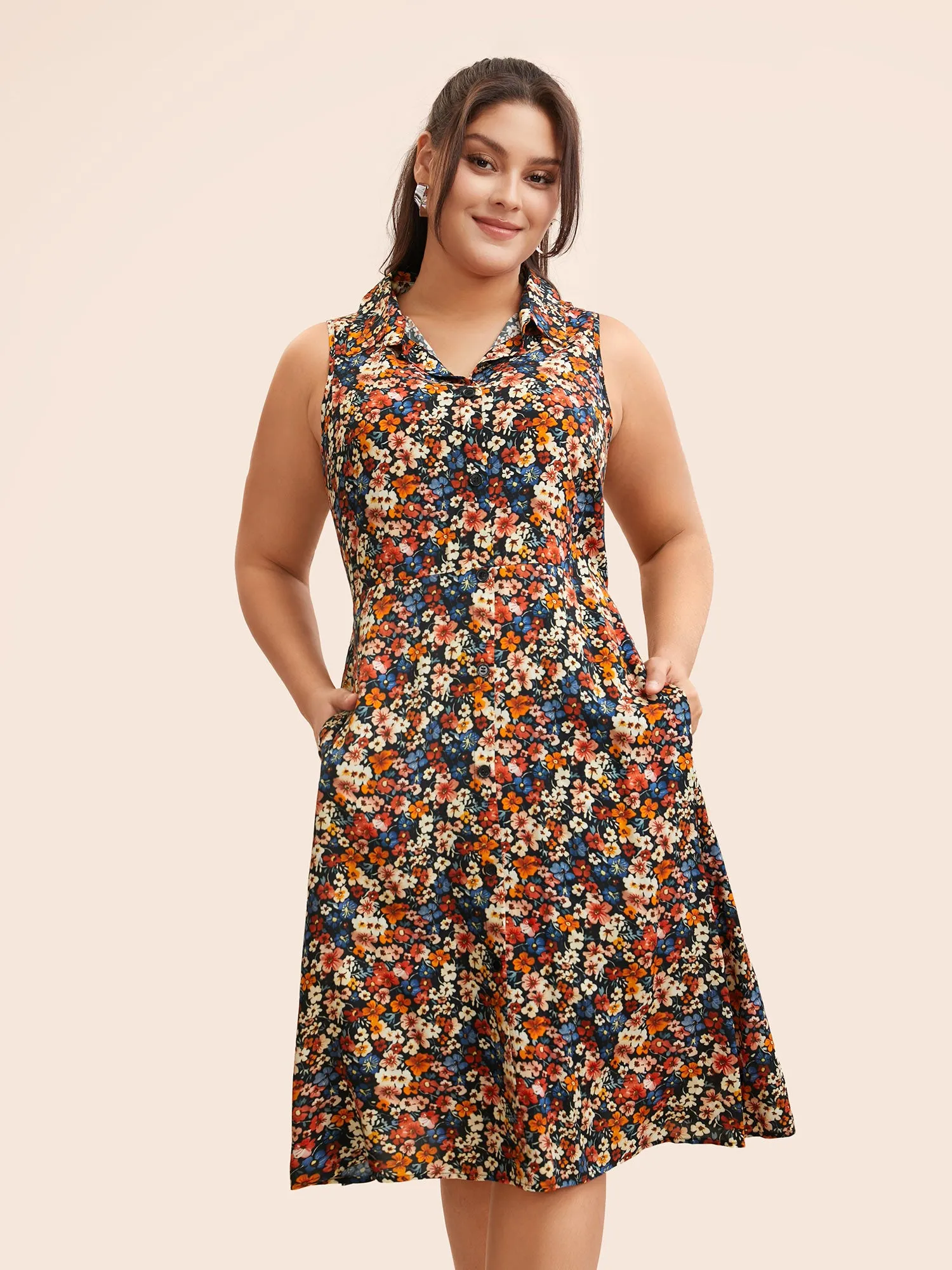 Shirt Collar Ditsy Floral Sleeveless Dress sold by Bloomchic