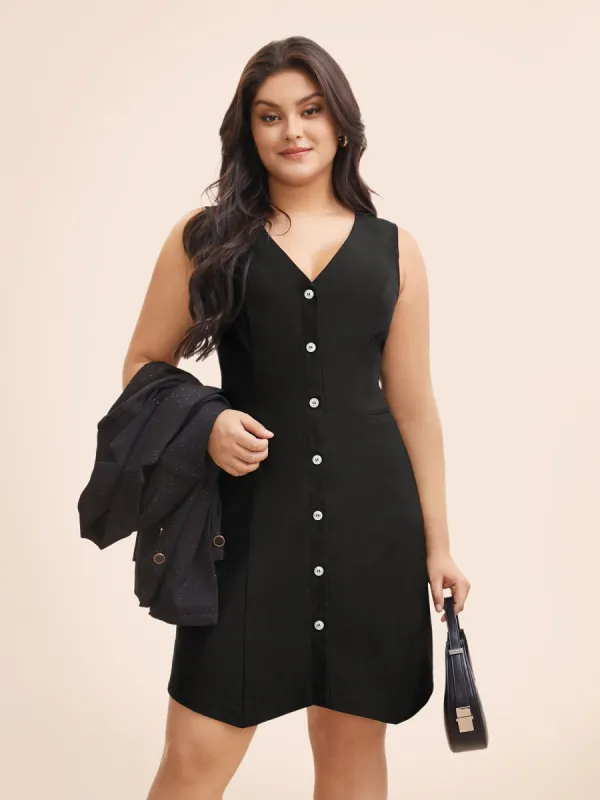 V Neck Button Detail Sleeveless Dress sold by Bloomchic