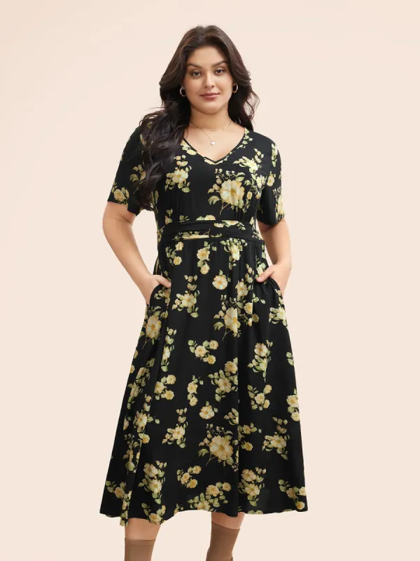 Floral Gathered Shirred Flutter Sleeve Dress sold by Bloomchic
