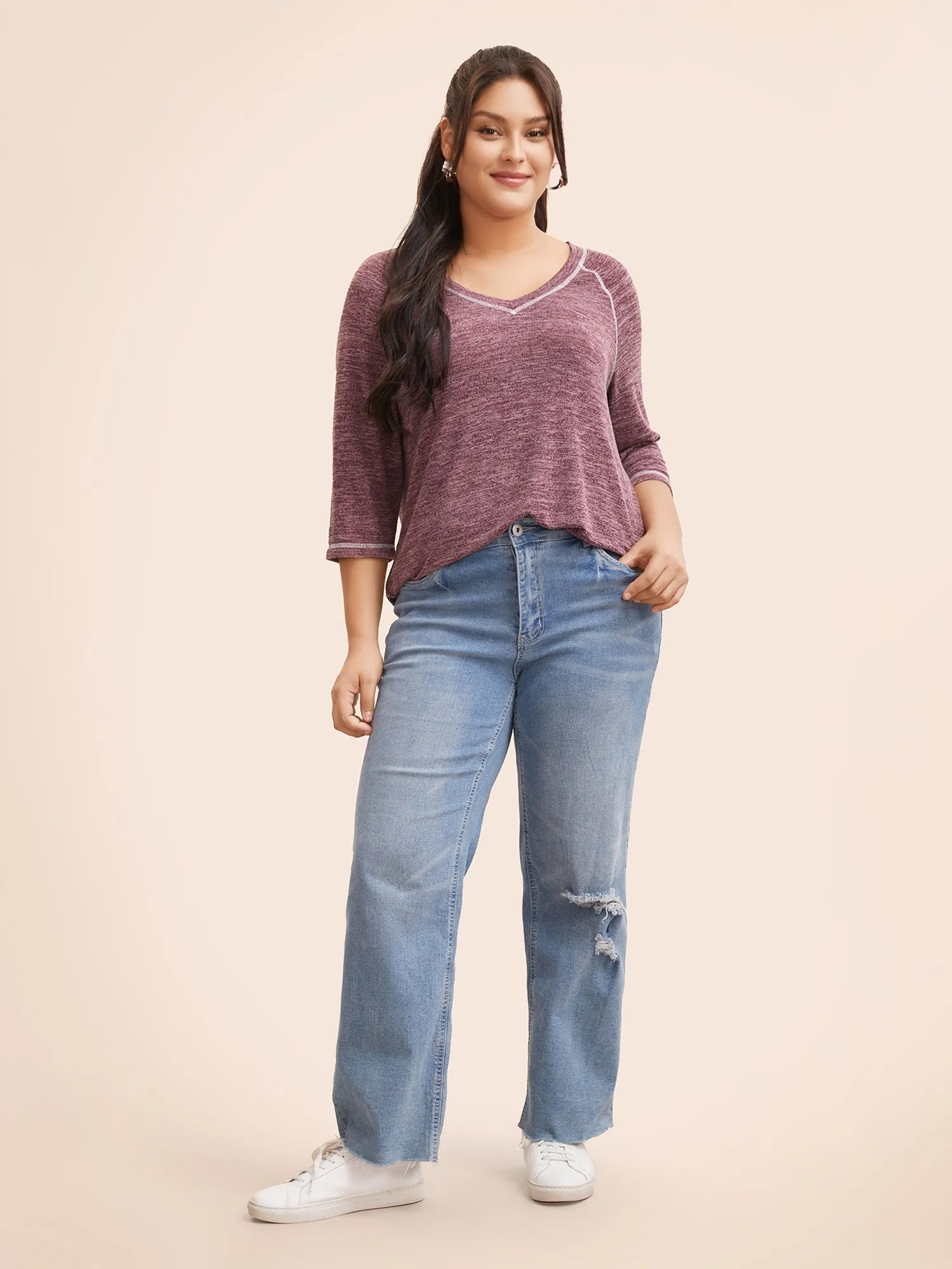 Heather Topstitching Raglan Sleeve T-shirt sold by Bloomchic product image thumbnail 2