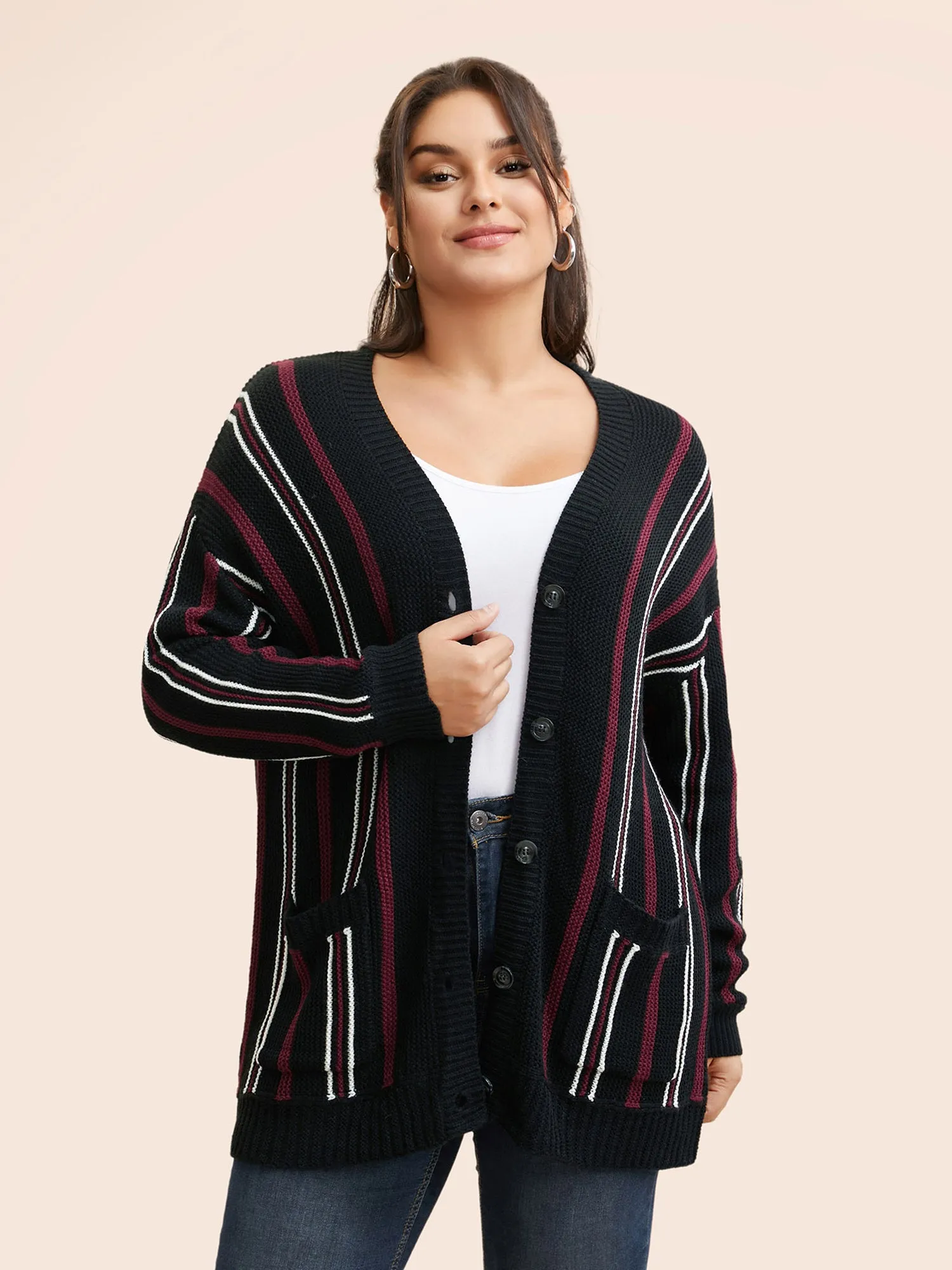 Striped Patched Pocket Drop Shoulder Cardigan sold by Bloomchic