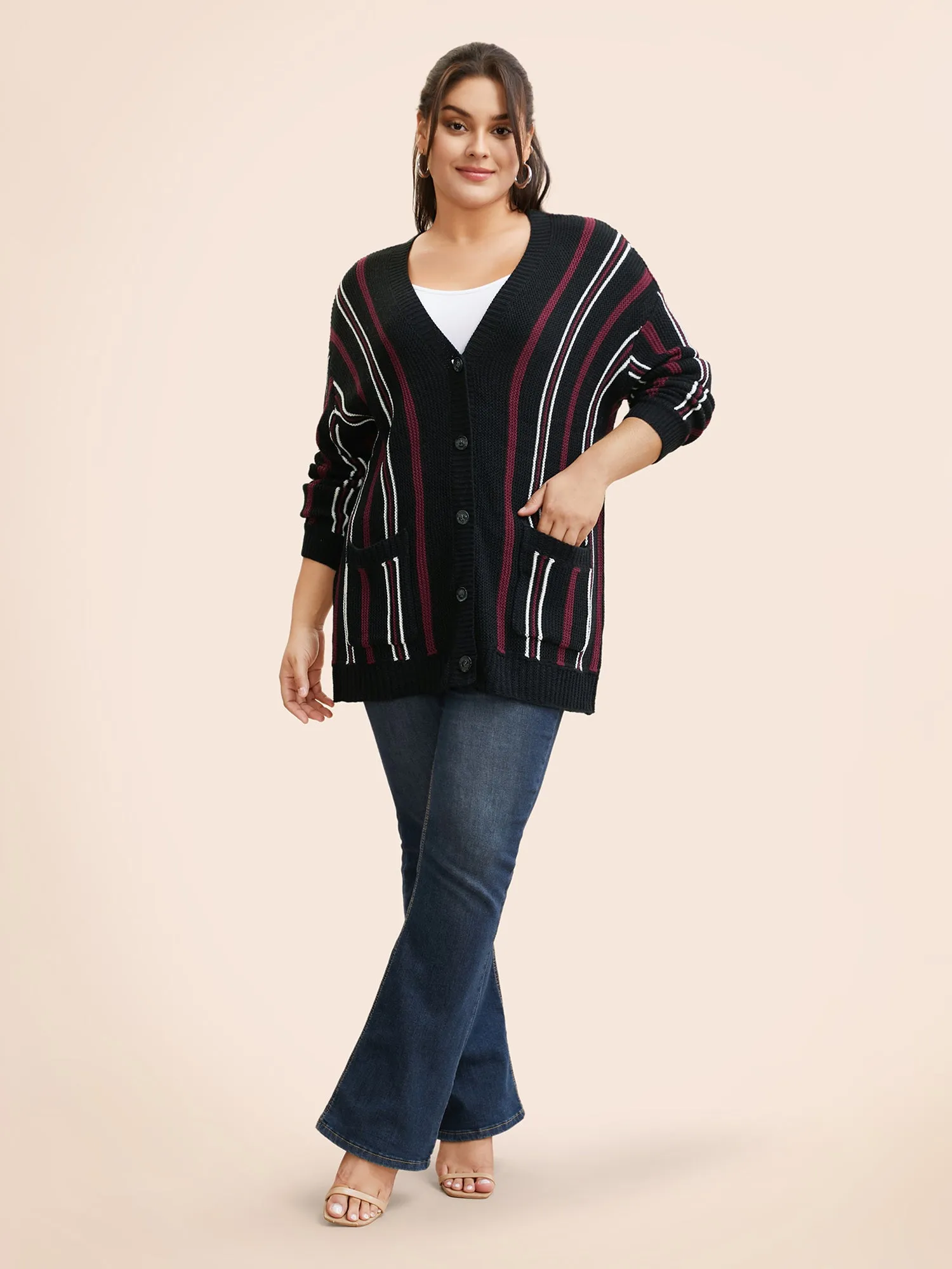 Striped Patched Pocket Drop Shoulder Cardigan sold by Bloomchic product image thumbnail 5