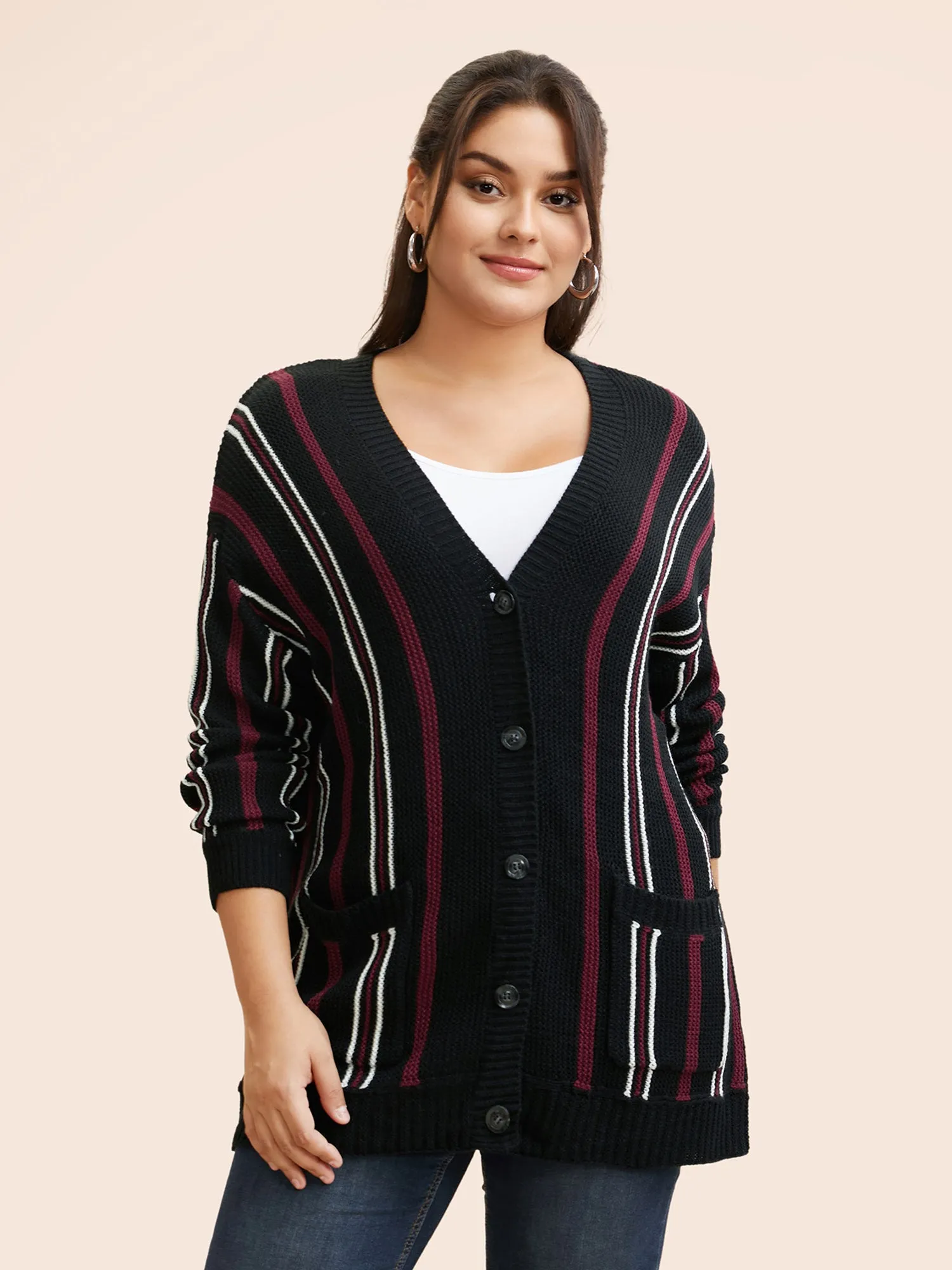 Striped Patched Pocket Drop Shoulder Cardigan sold by Bloomchic product image thumbnail 3