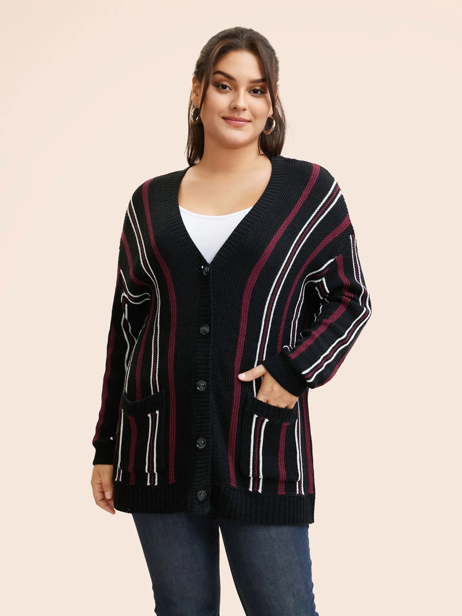 Striped Patched Pocket Drop Shoulder Cardigan sold by Bloomchic product image thumbnail 4