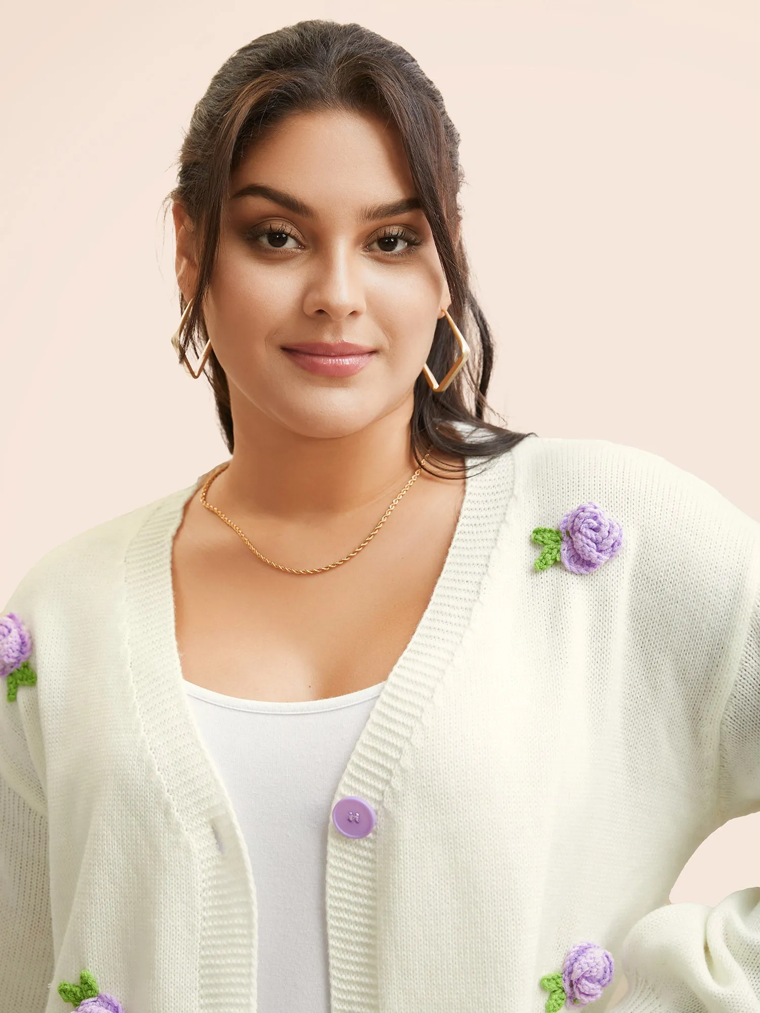 Crochet Floral Contrast Button Up Cardigan sold by Bloomchic product image thumbnail 4