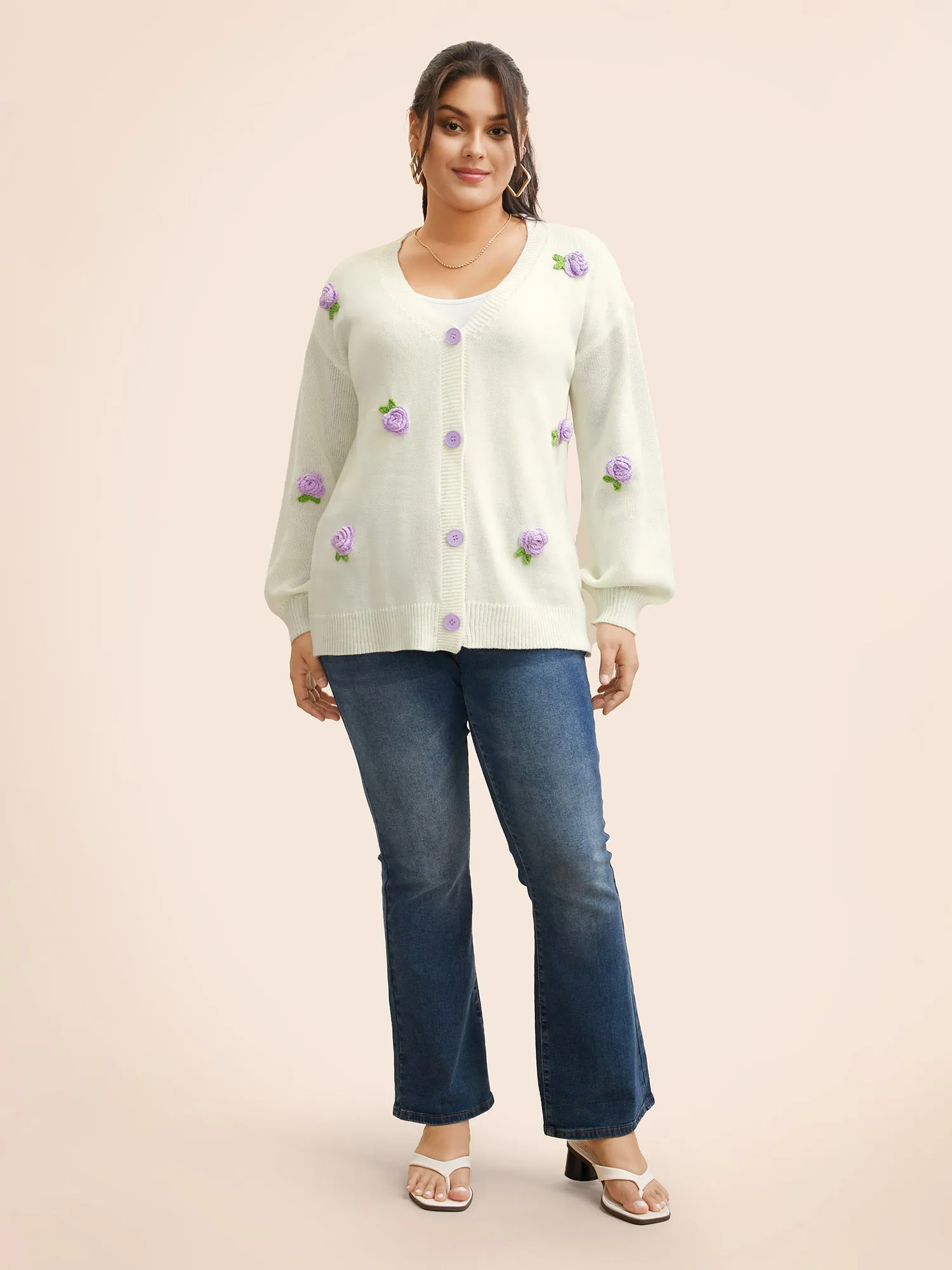 Crochet Floral Contrast Button Up Cardigan sold by Bloomchic product image thumbnail 3