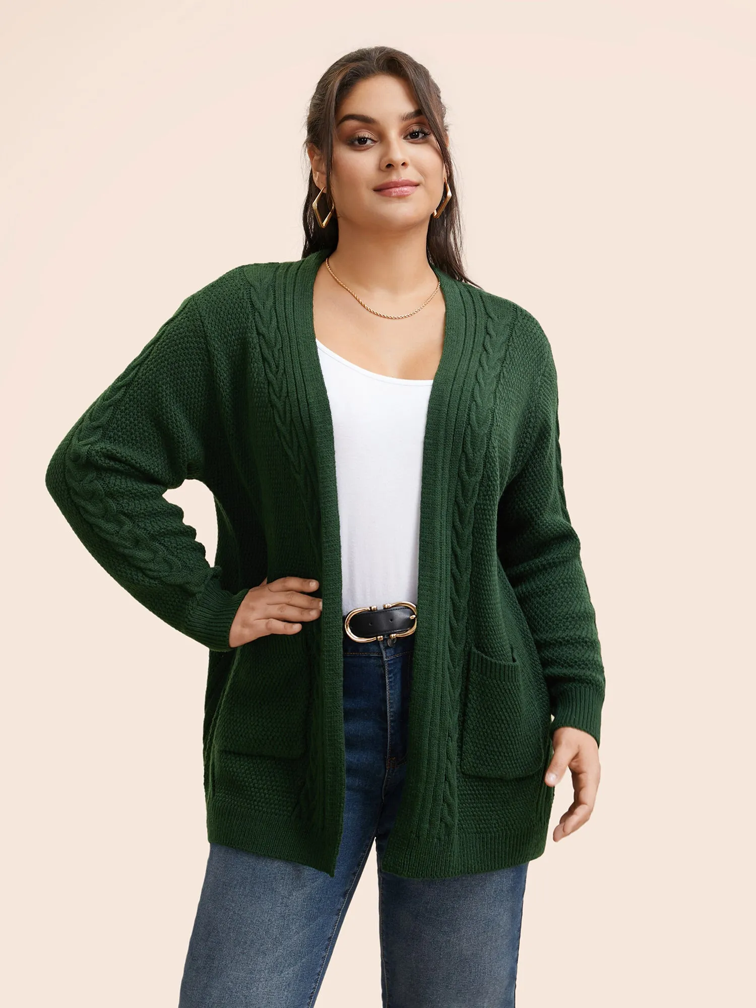 Texture Cable Knit Patch Pocket Cardigan sold by Bloomchic