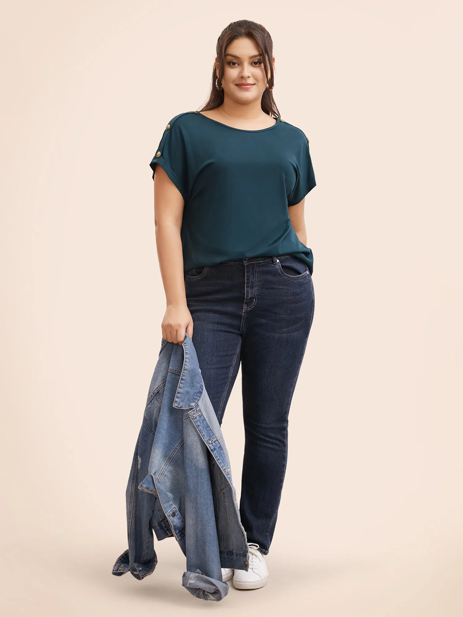 Crew Neck Button Detail Dolman Sleeve T-shirt sold by Bloomchic product image thumbnail 3