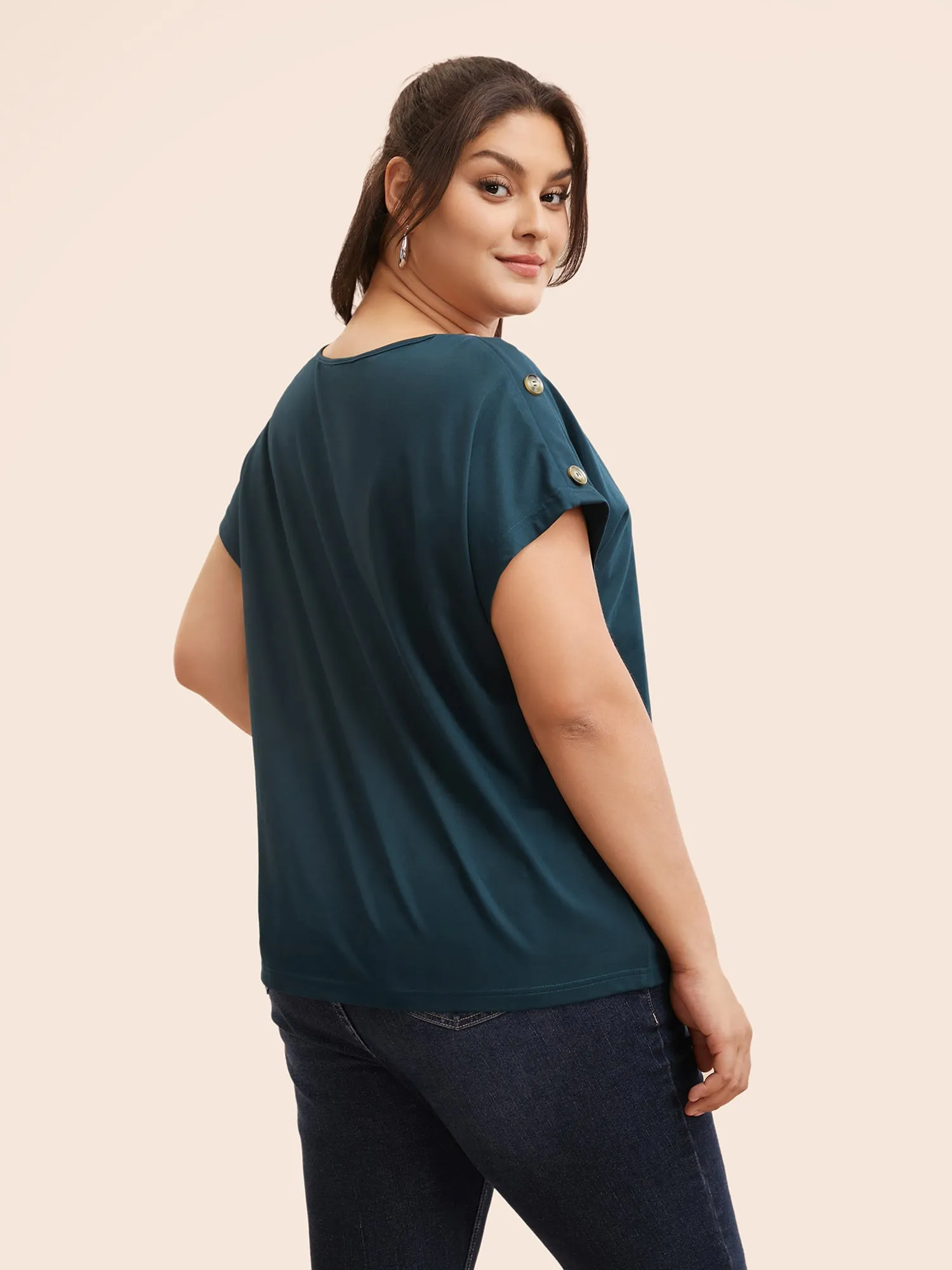 Crew Neck Button Detail Dolman Sleeve T-shirt sold by Bloomchic product image thumbnail 2