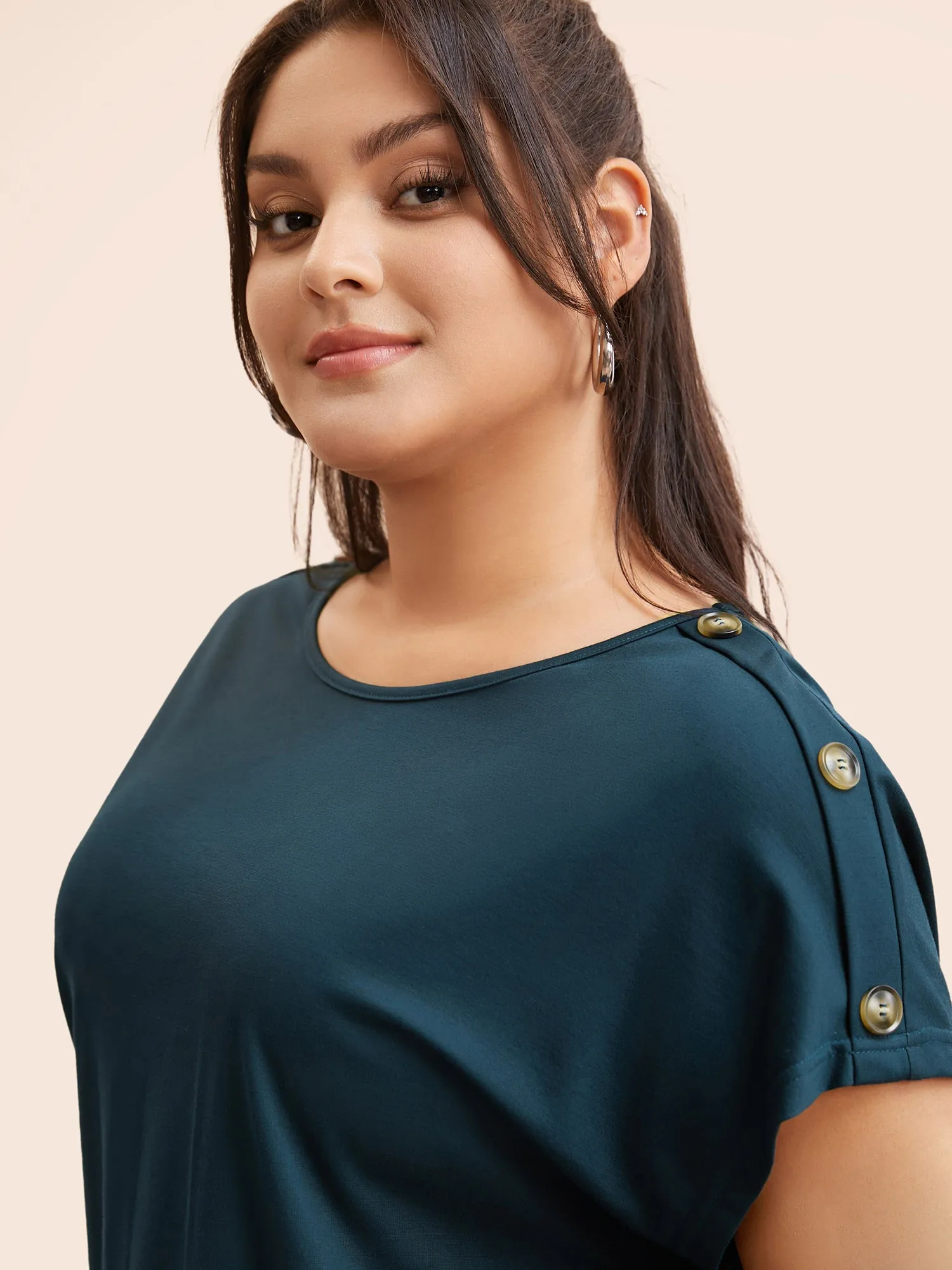 Crew Neck Button Detail Dolman Sleeve T-shirt sold by Bloomchic product image thumbnail 4