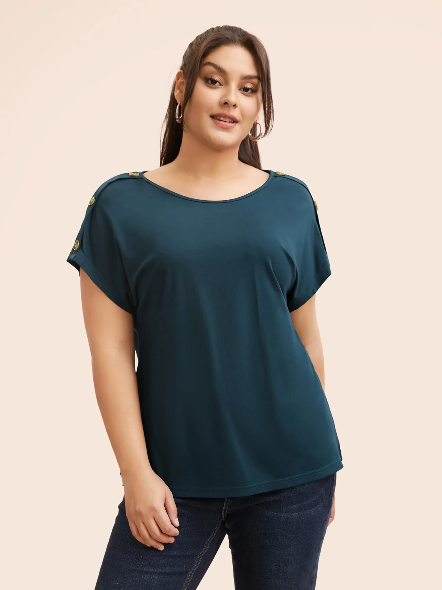 Crew Neck Button Detail Dolman Sleeve T-shirt sold by Bloomchic