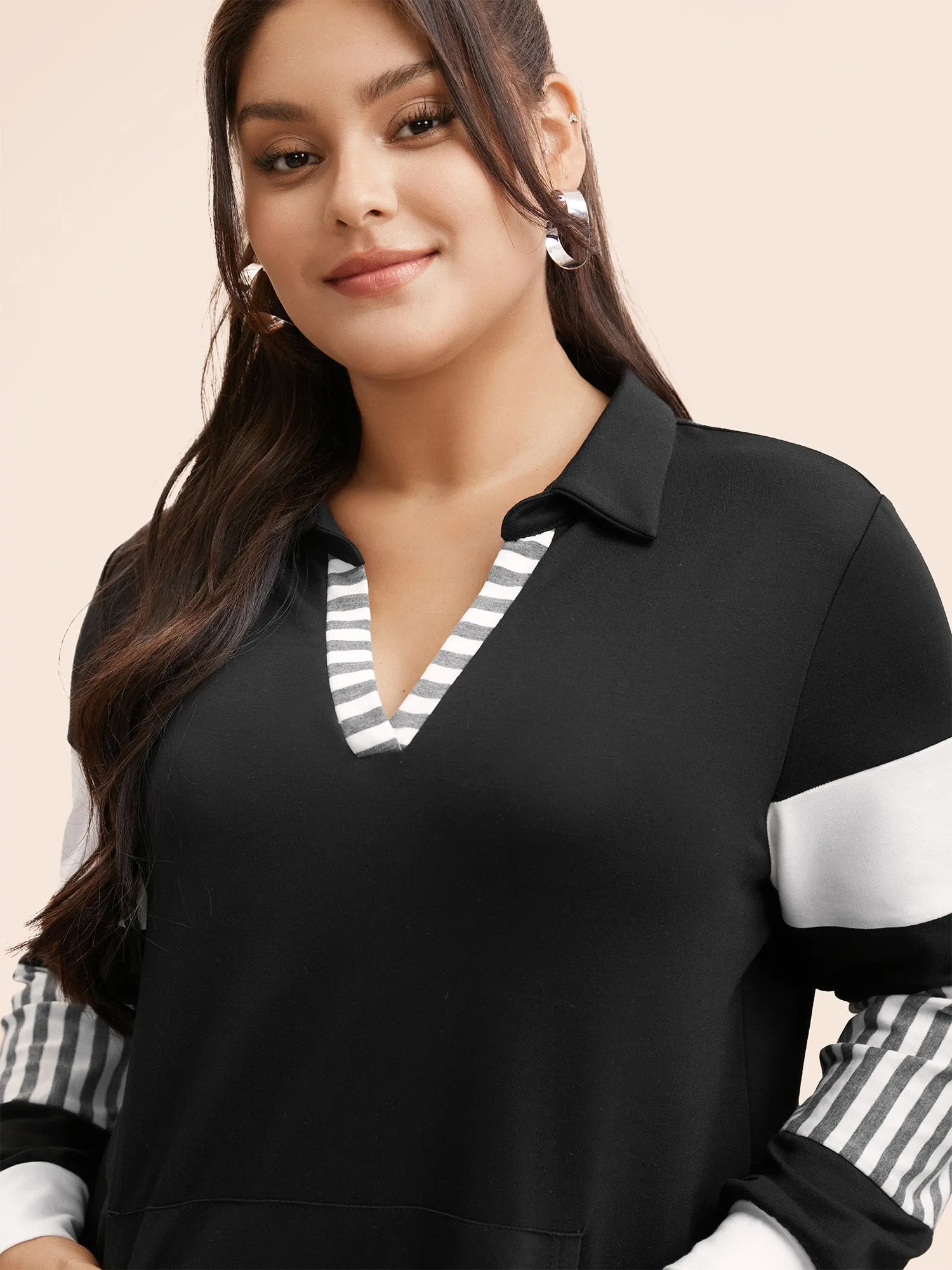 Polo Neck Striped Contrast Patchwork Sweatshirt sold by Bloomchic product image thumbnail 4