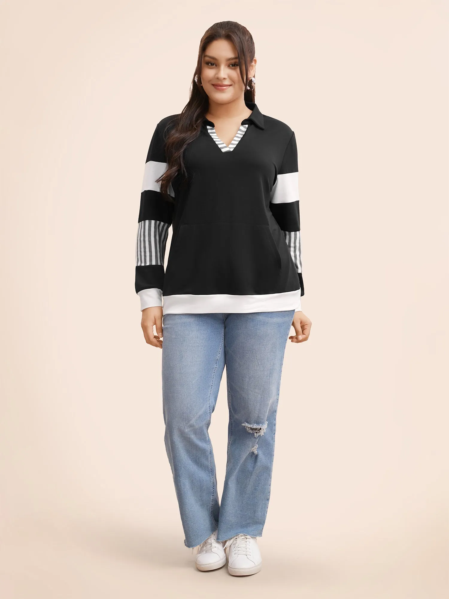 Polo Neck Striped Contrast Patchwork Sweatshirt sold by Bloomchic product image thumbnail 3