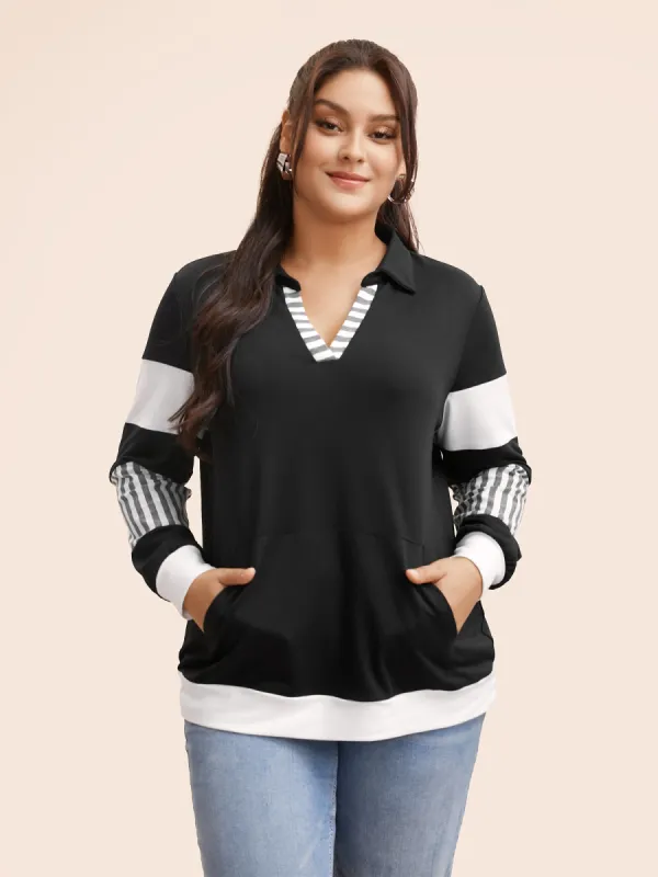 Polo Neck Striped Contrast Patchwork Sweatshirt sold by Bloomchic