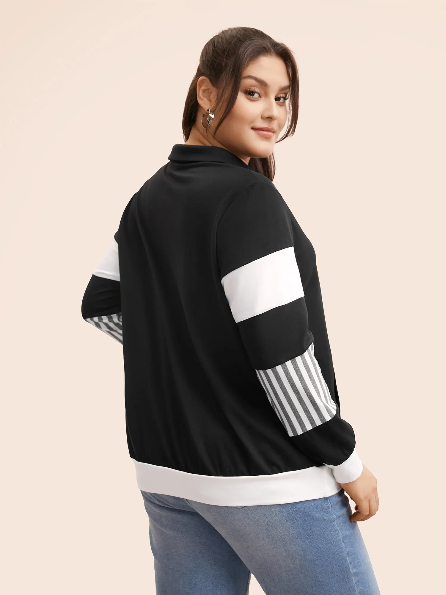 Polo Neck Striped Contrast Patchwork Sweatshirt sold by Bloomchic product image thumbnail 2