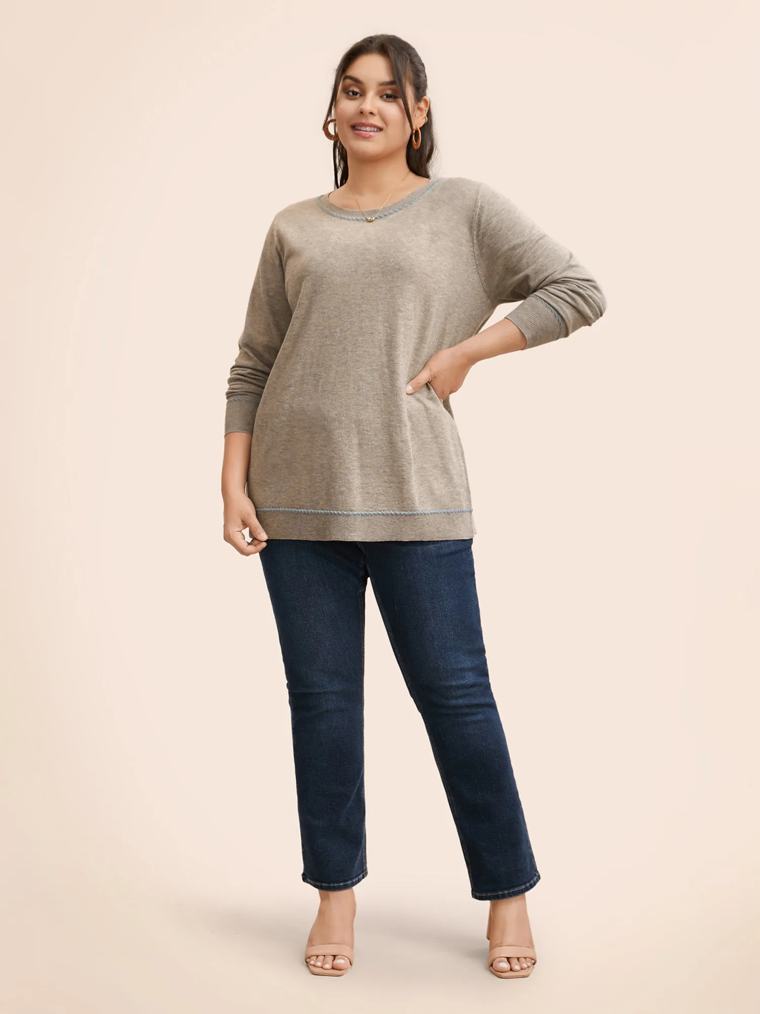 Anti-Pilling Round Neck Contrast Trim Pullover sold by Bloomchic product image thumbnail 3