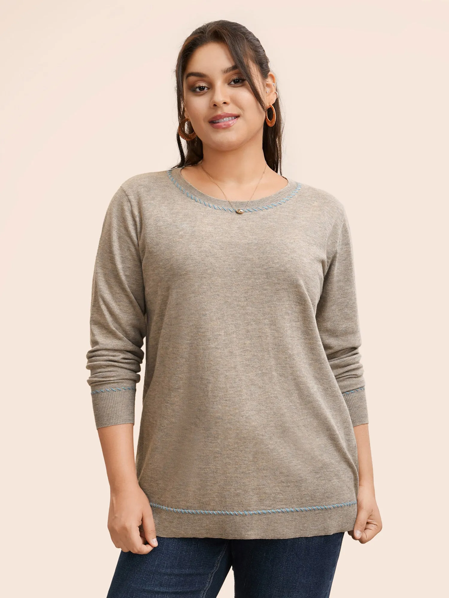 Anti-Pilling Round Neck Contrast Trim Pullover sold by Bloomchic