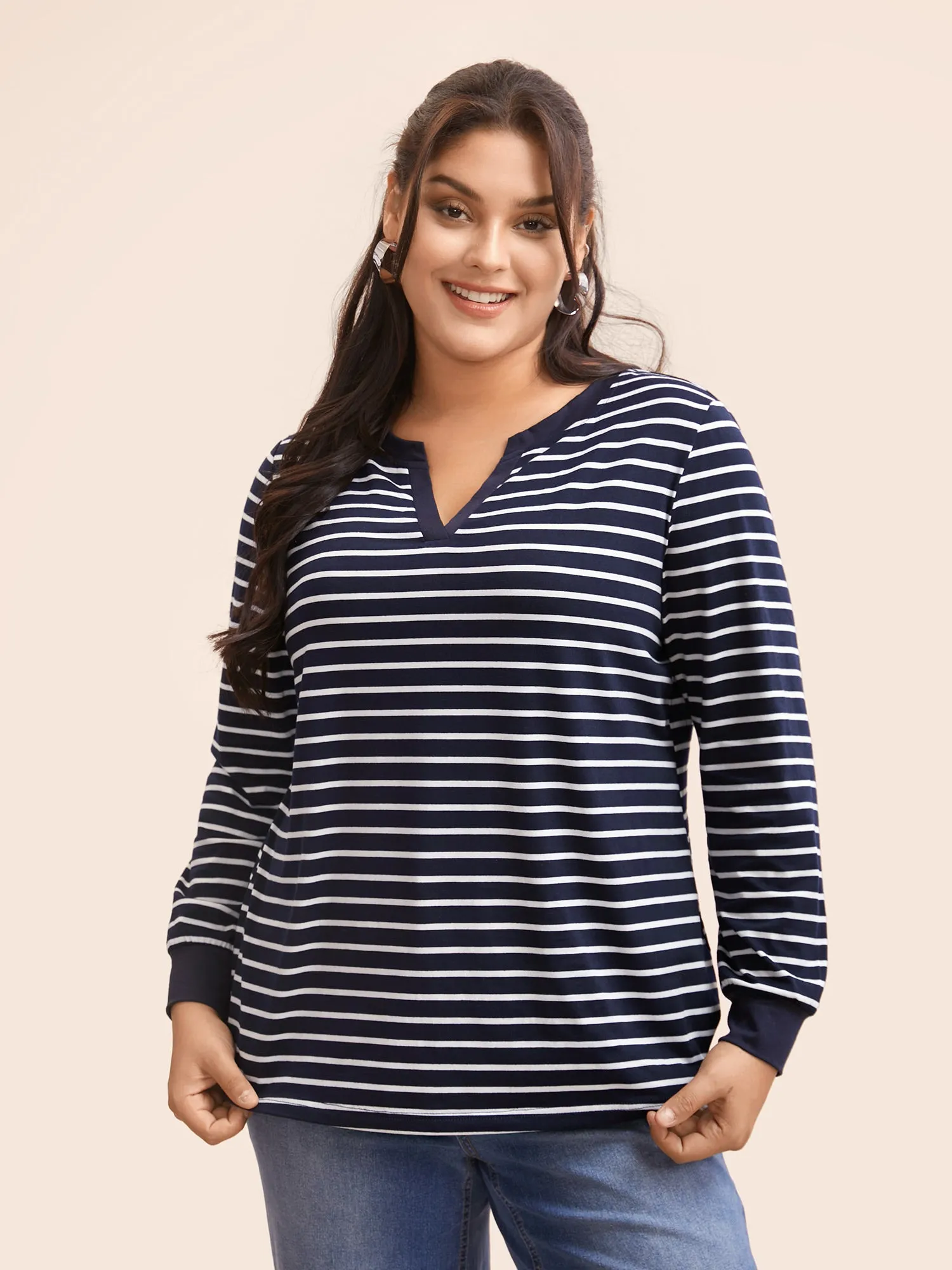Striped Notched Patchwork Stretch T-shirt sold by Bloomchic