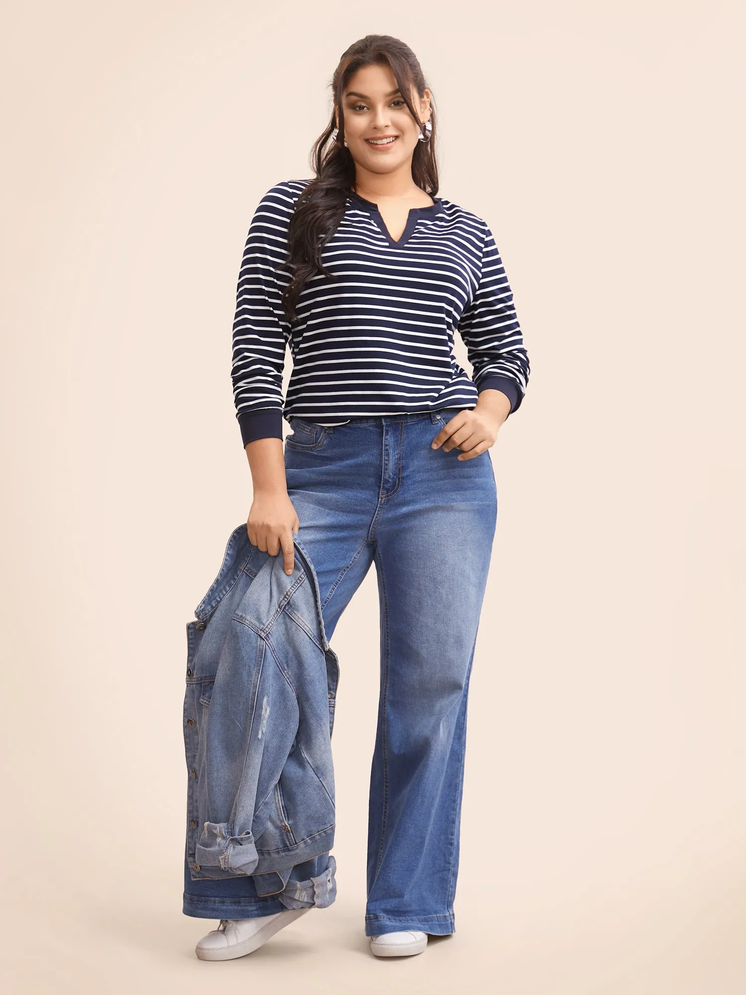 Striped Notched Patchwork Stretch T-shirt sold by Bloomchic product image thumbnail 3