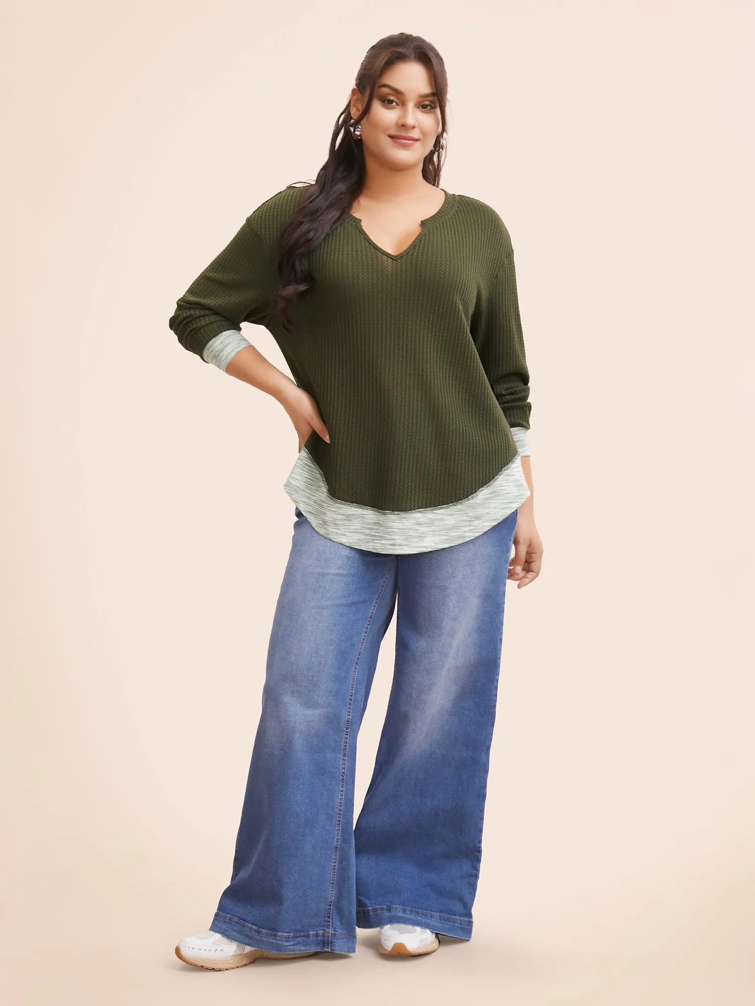 Notched Waffle Knit Patchwork Contrast T-shirt sold by Bloomchic product image thumbnail 3