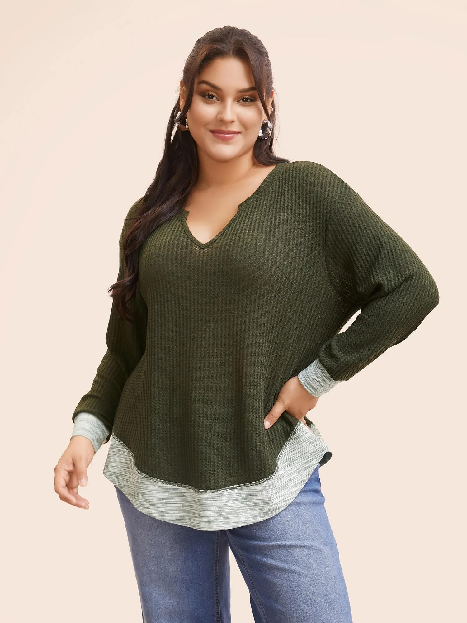 Notched Waffle Knit Patchwork Contrast T-shirt sold by Bloomchic