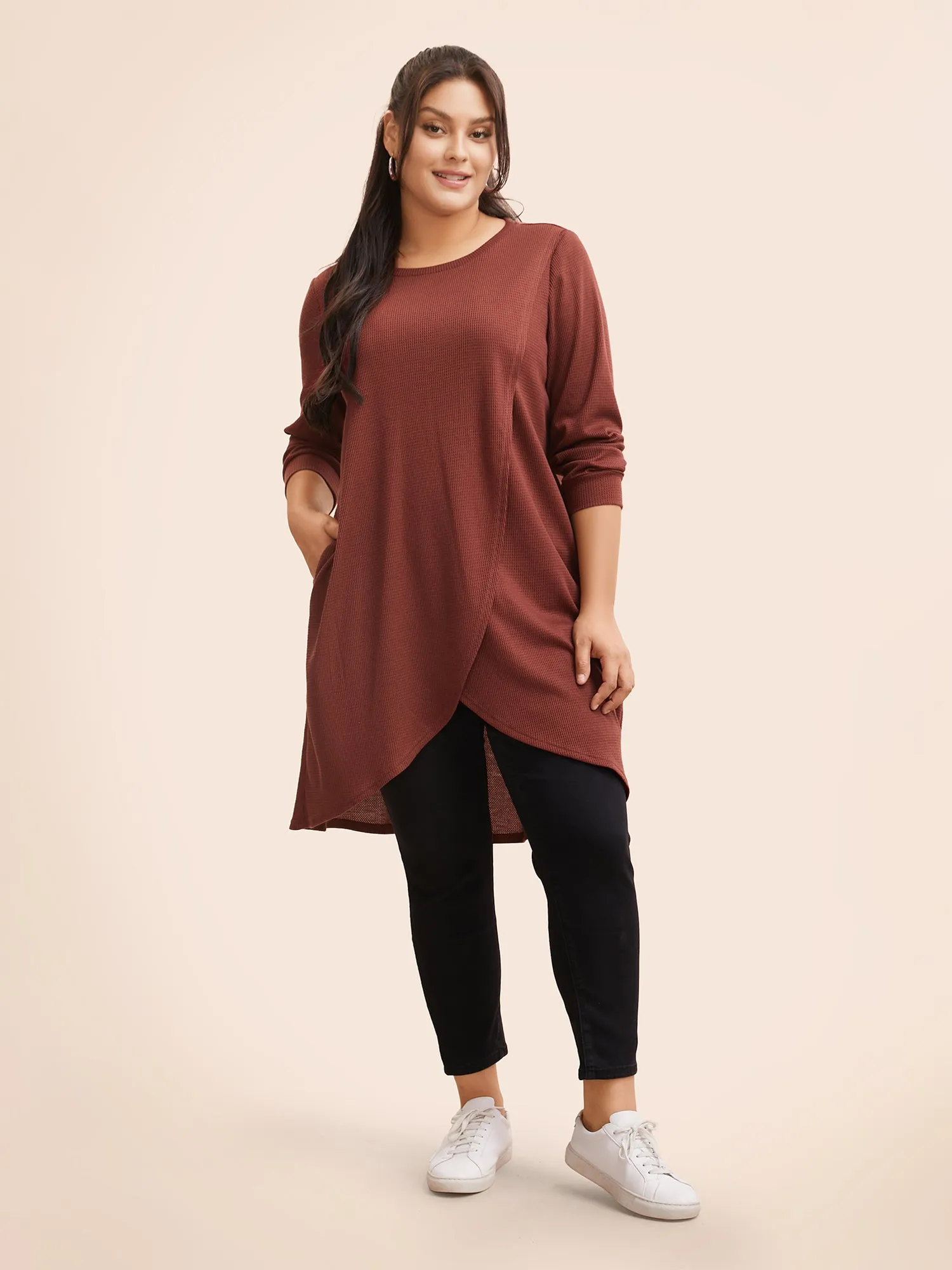 Solid Waffle Knit Overlap Hem T-shirt sold by Bloomchic product image thumbnail 3