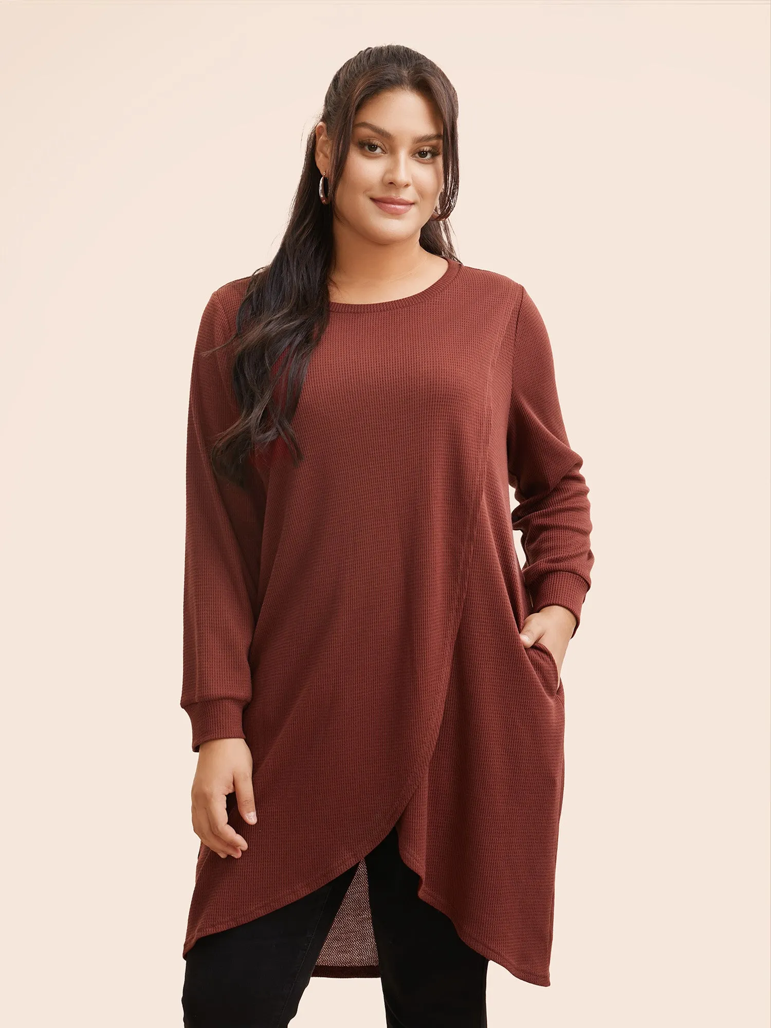 Solid Waffle Knit Overlap Hem T-shirt sold by Bloomchic