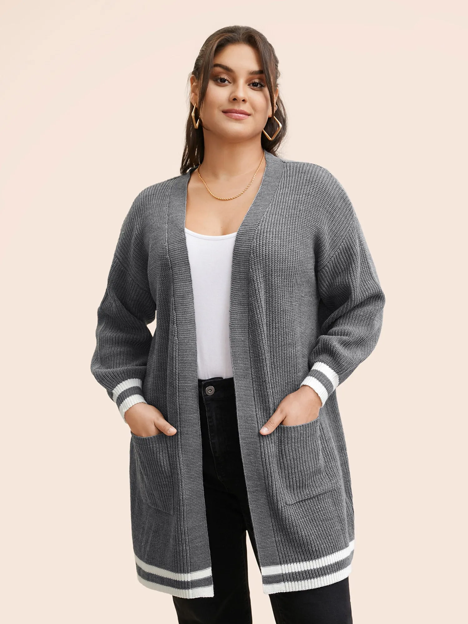 Texture Striped Patchwork Patched Pocket Cardigan sold by Bloomchic