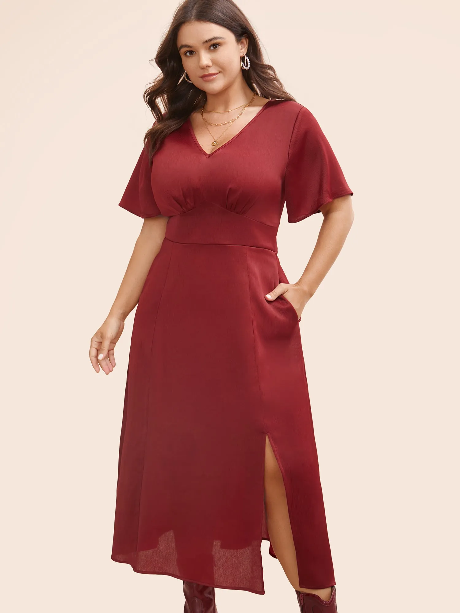 Solid Shirred Gathered Slit Hem Dress sold by Bloomchic product image thumbnail 2