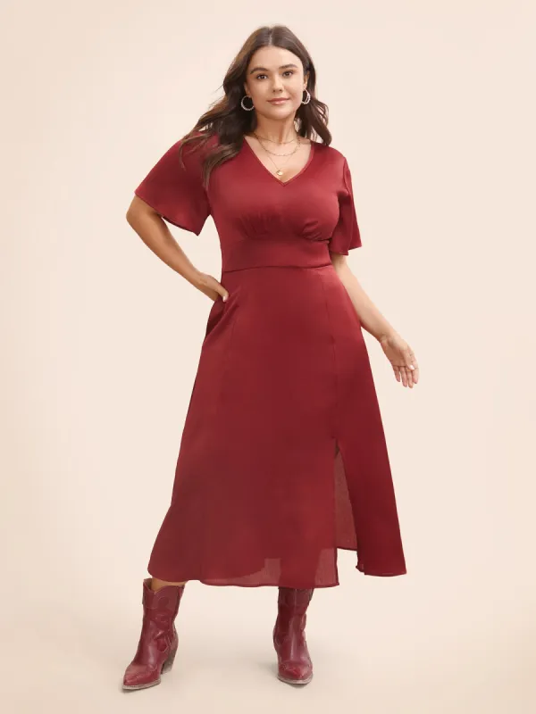 Solid Shirred Gathered Slit Hem Dress sold by Bloomchic