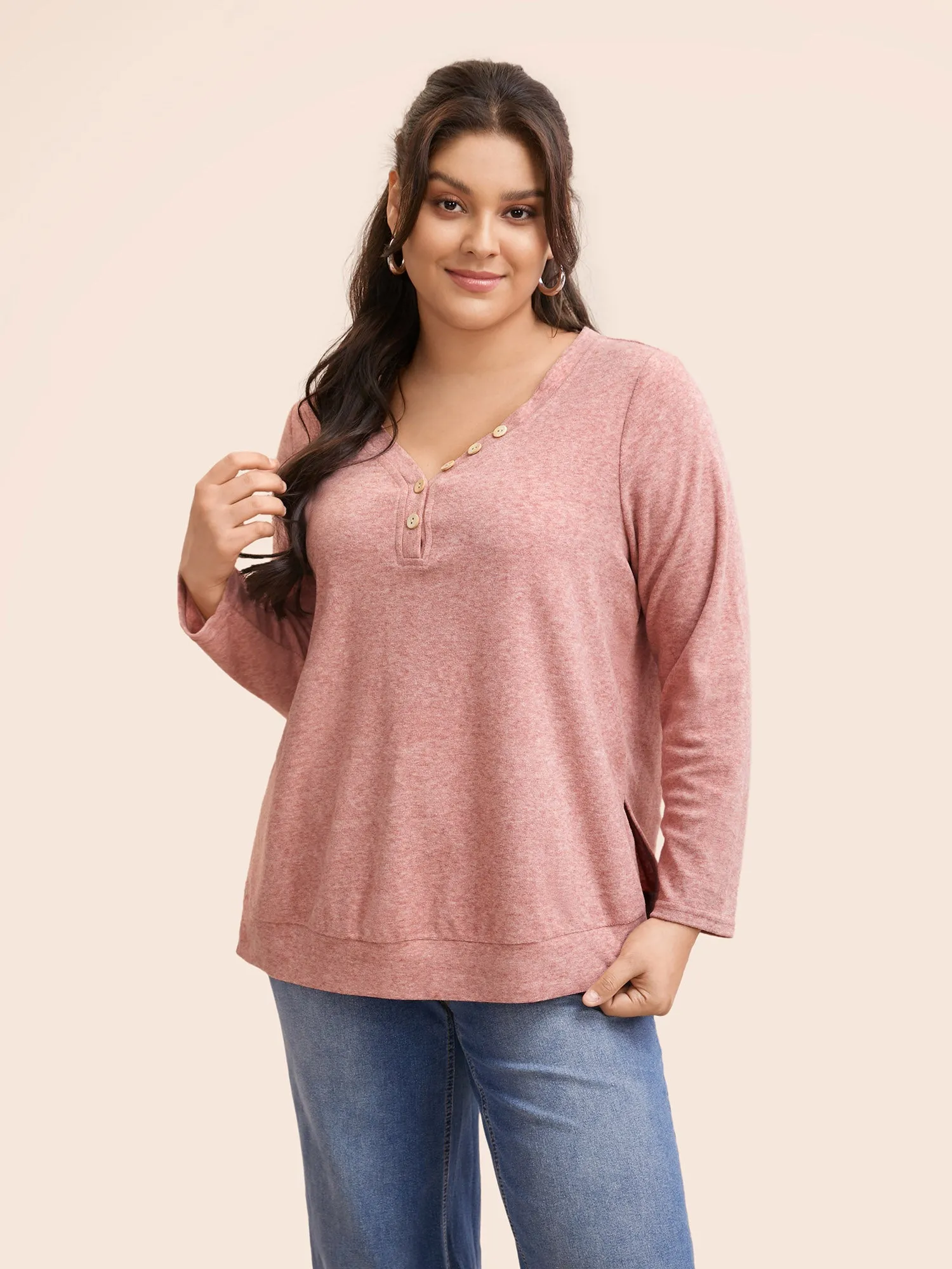 V Neck Button Detail Split Hem T-shirt sold by Bloomchic