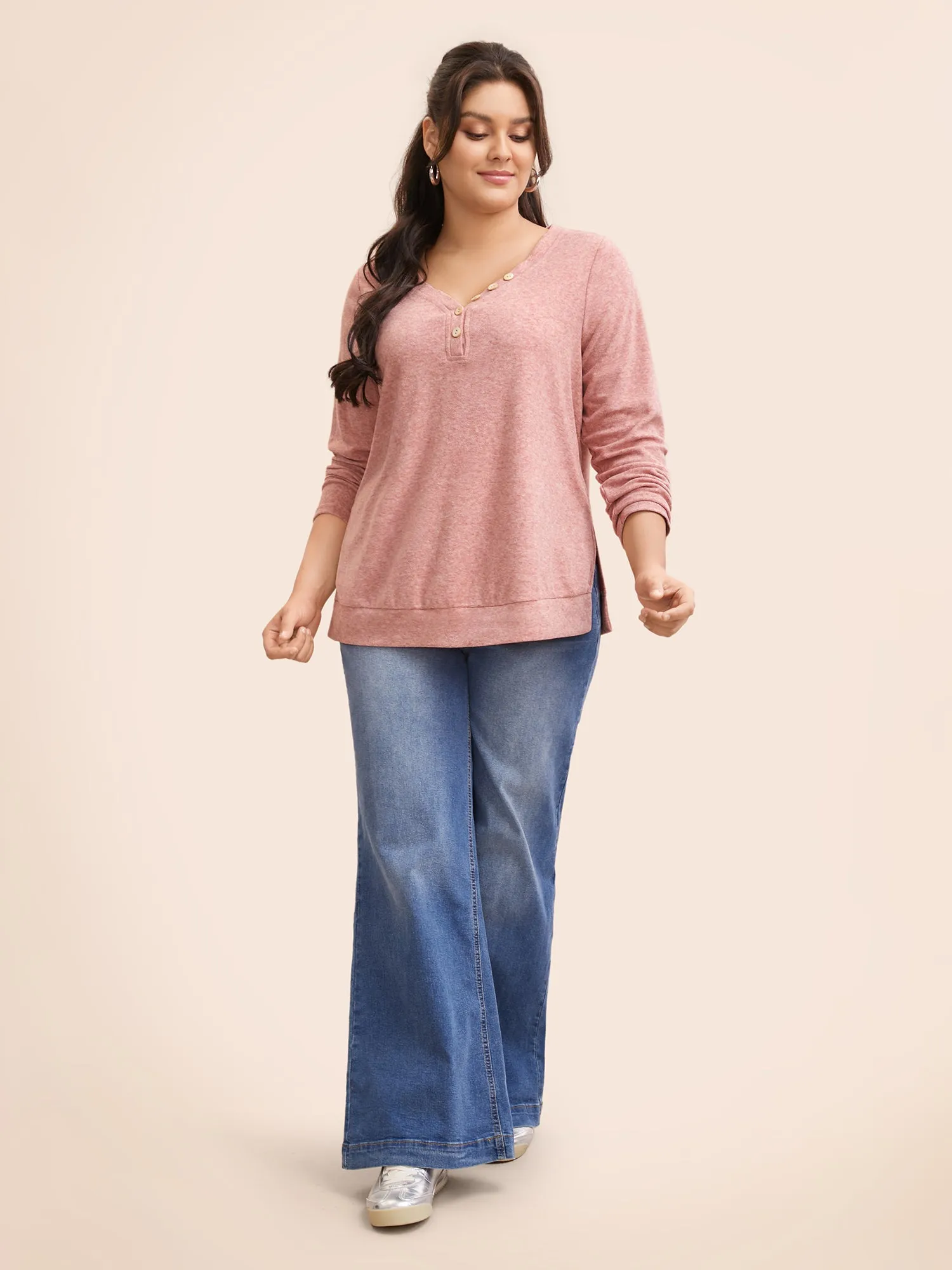 V Neck Button Detail Split Hem T-shirt sold by Bloomchic product image thumbnail 3