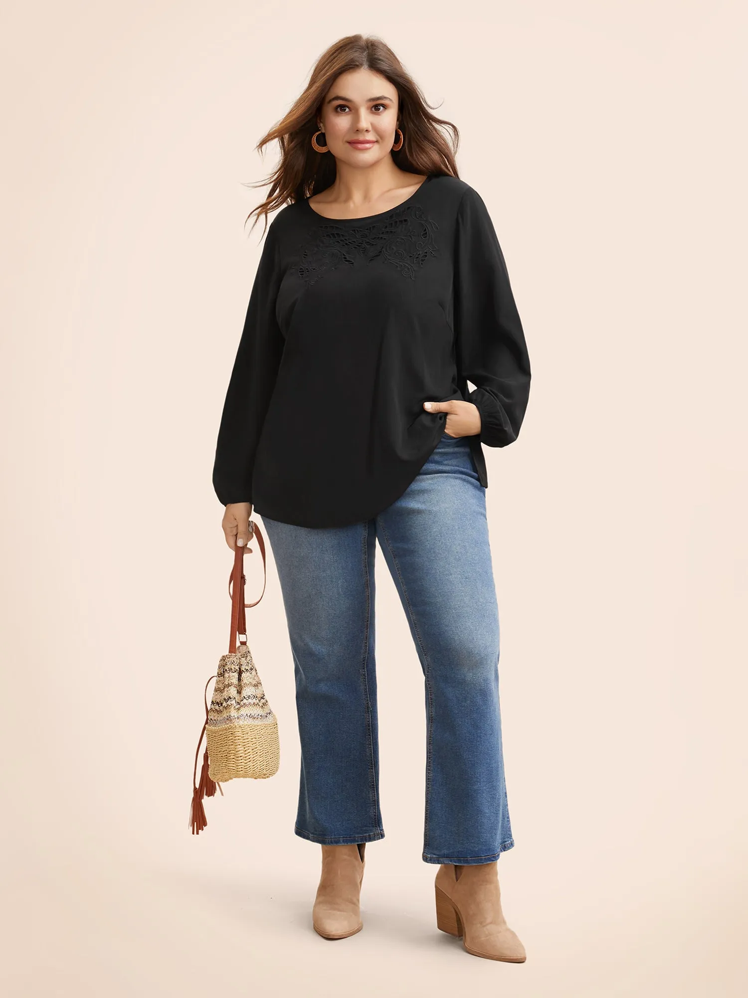 Round Neck Cut Out Lantern Sleeve Blouse sold by Bloomchic product image thumbnail 2