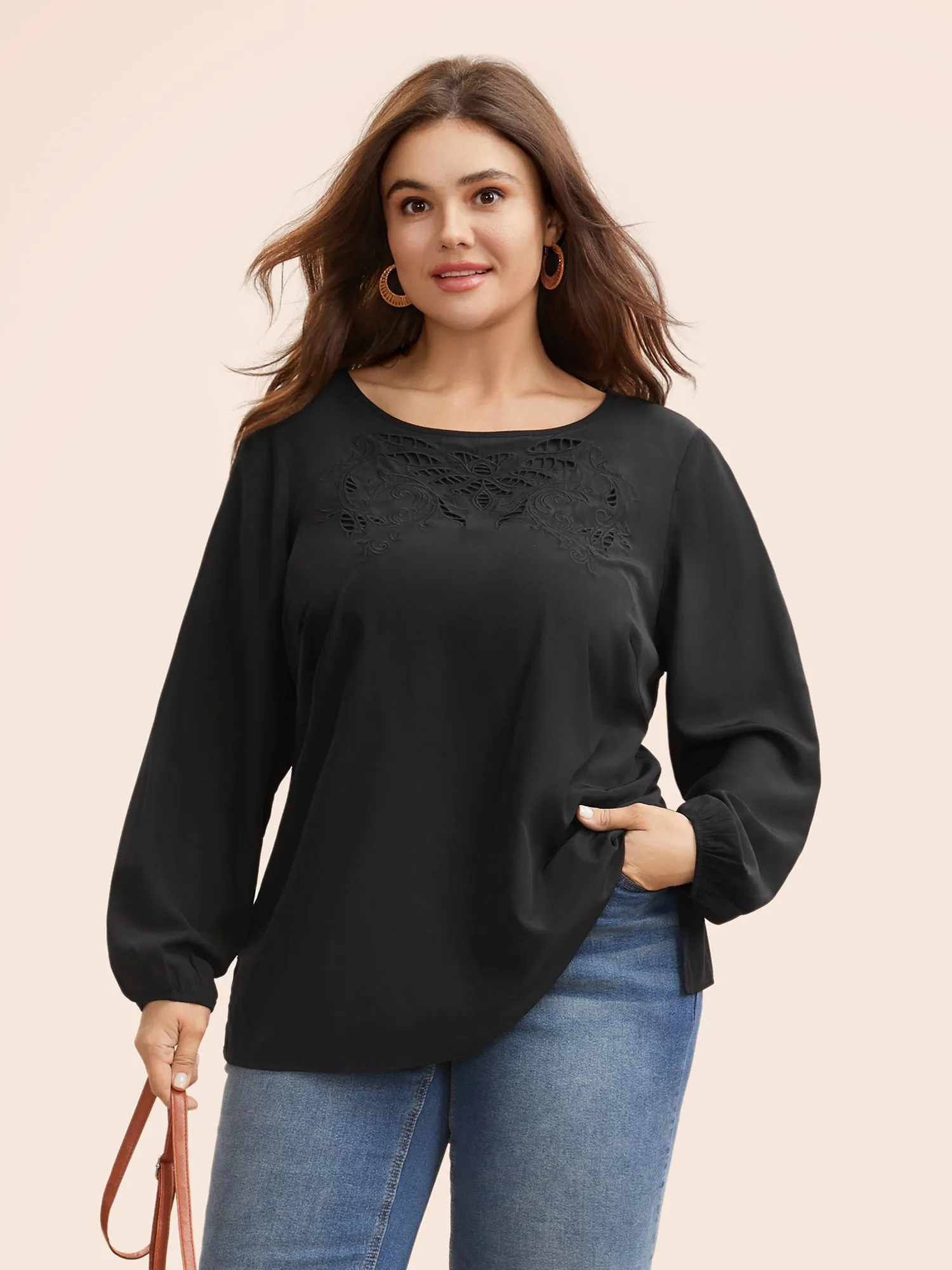Round Neck Cut Out Lantern Sleeve Blouse sold by Bloomchic