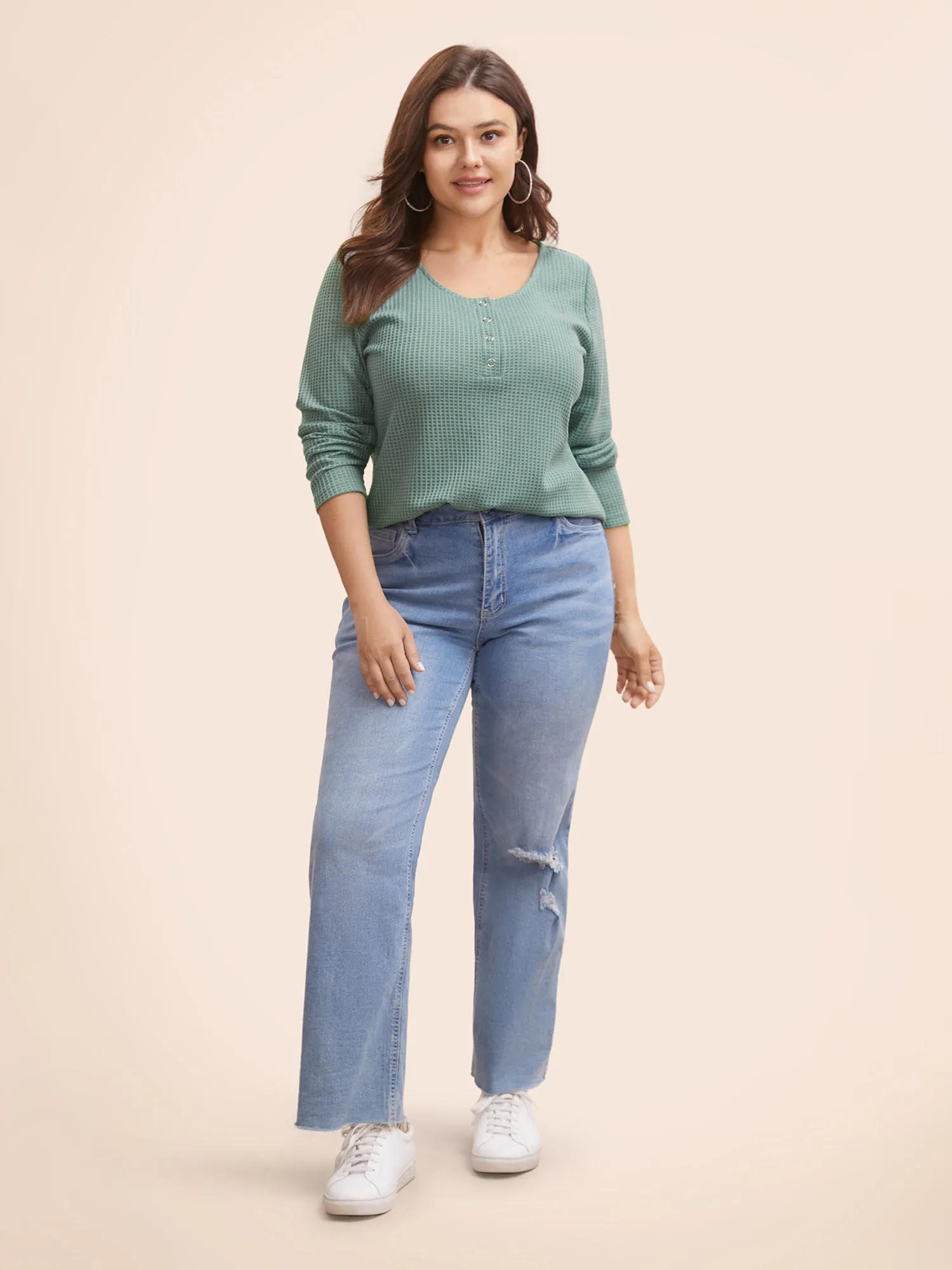 Solid Waffle Knit Round Neck T-shirt sold by Bloomchic product image thumbnail 2