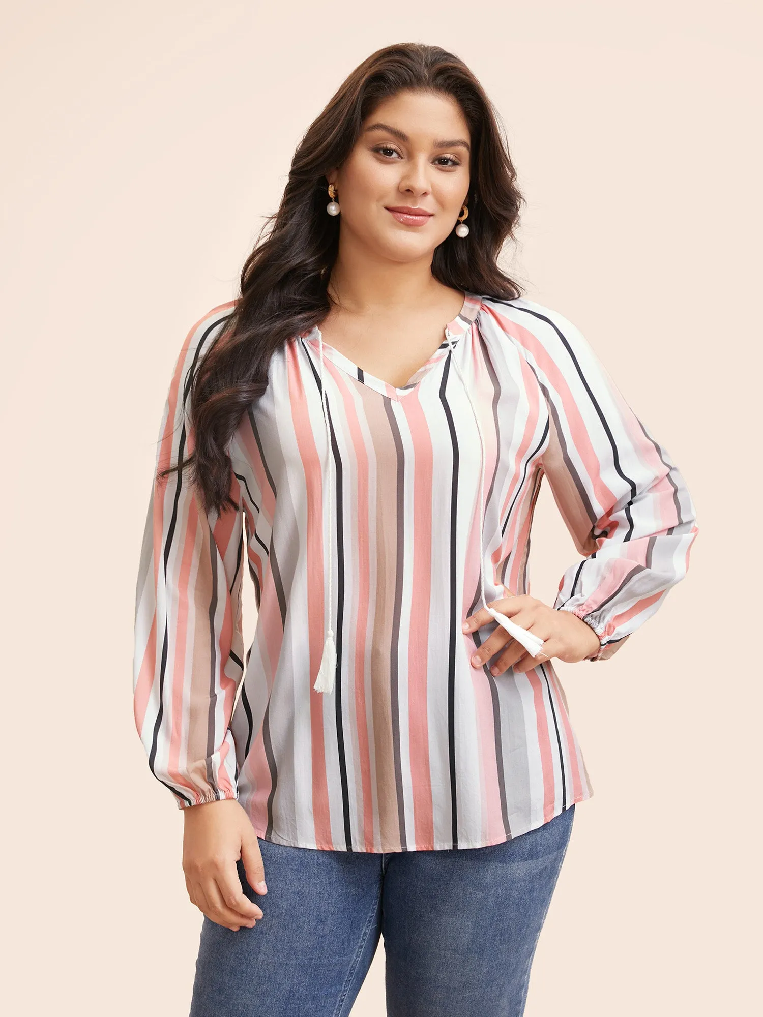 Striped Tie Knot Lantern Sleeve Blouse sold by Bloomchic