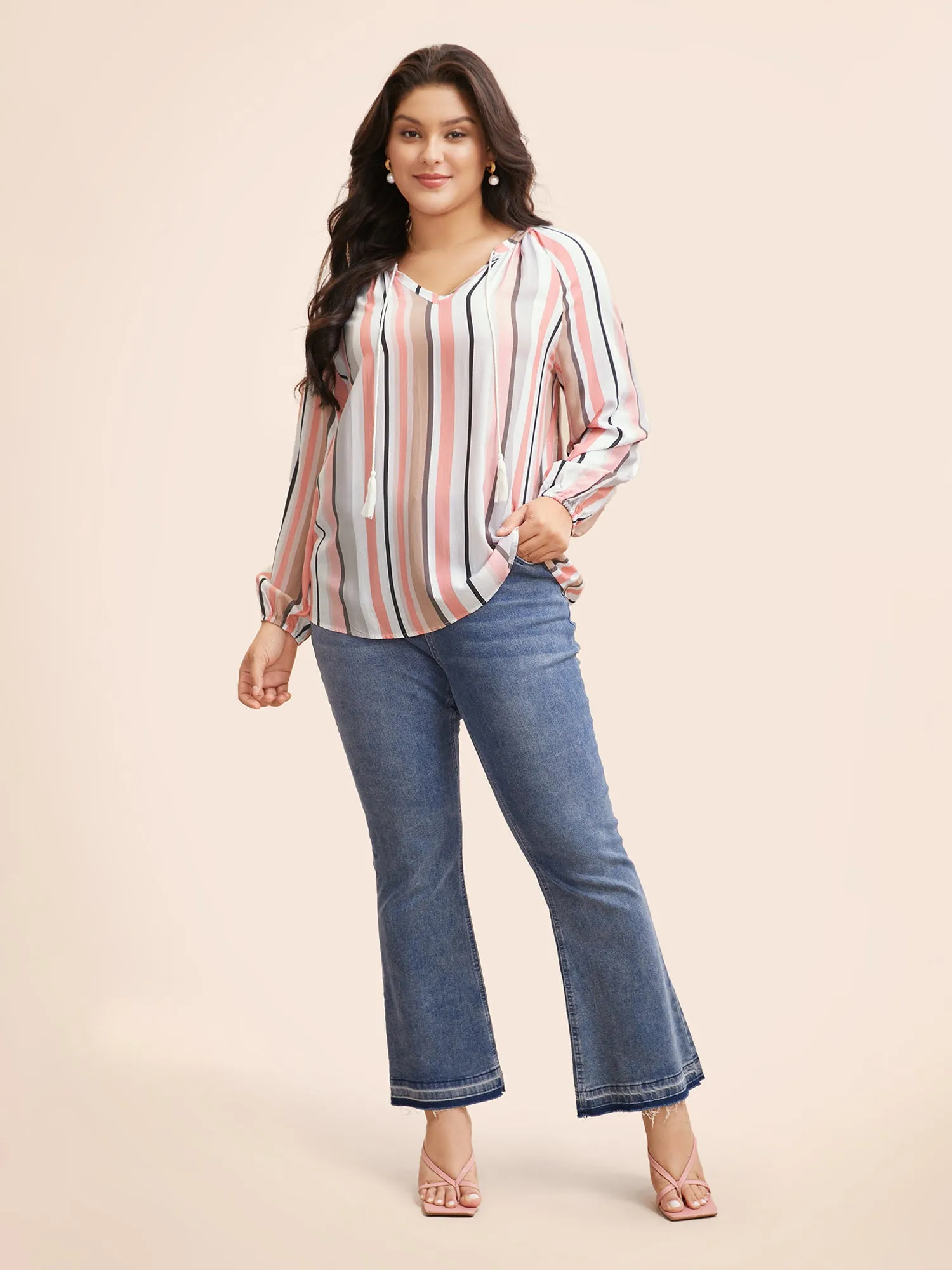 Striped Tie Knot Lantern Sleeve Blouse sold by Bloomchic product image thumbnail 2