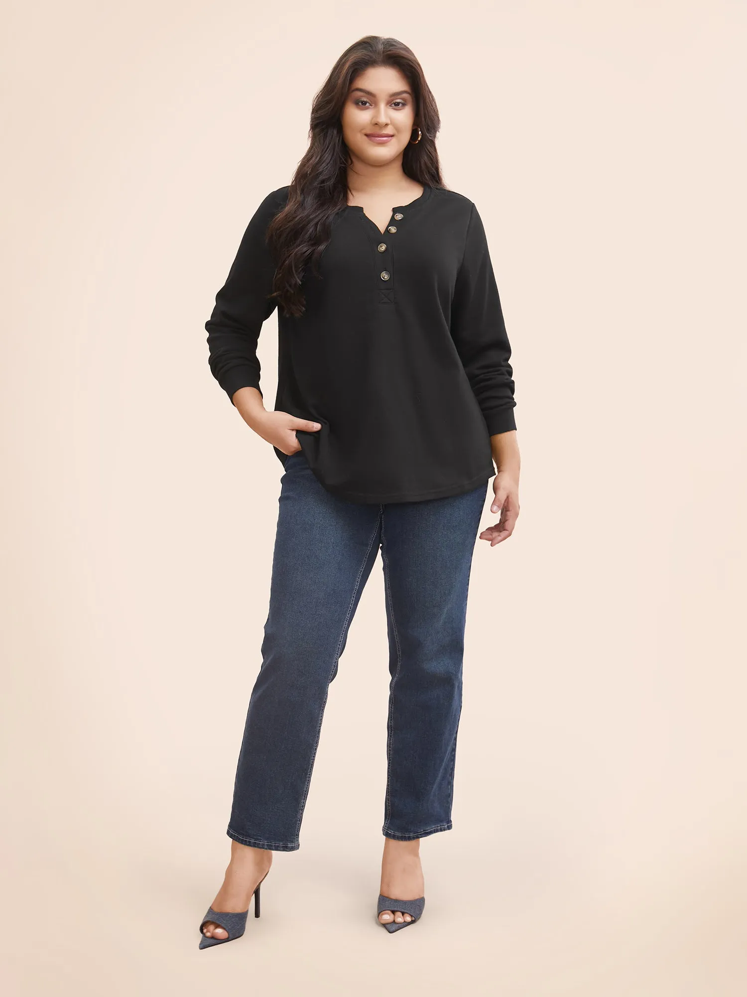 Plain Crew Neck Button Up Sweatshirt sold by Bloomchic product image thumbnail 2