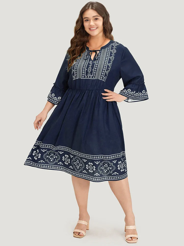 Bandana Print Knot Neck Frill Trim Bell Sleeve Dress sold by Bloomchic product image thumbnail 4