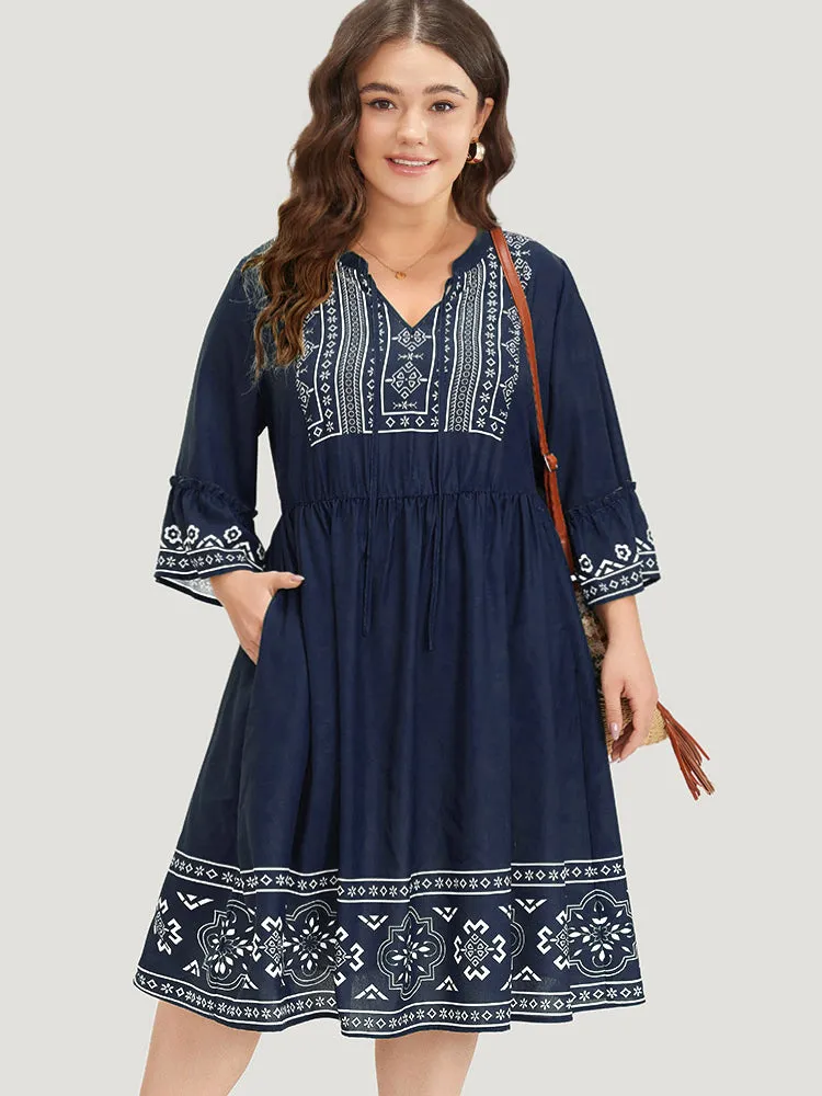 Bandana Print Knot Neck Frill Trim Bell Sleeve Dress sold by Bloomchic product image thumbnail 2