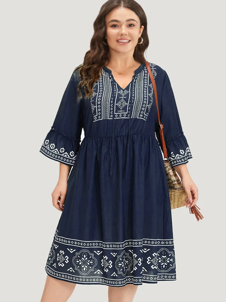Bandana Print Knot Neck Frill Trim Bell Sleeve Dress sold by Bloomchic