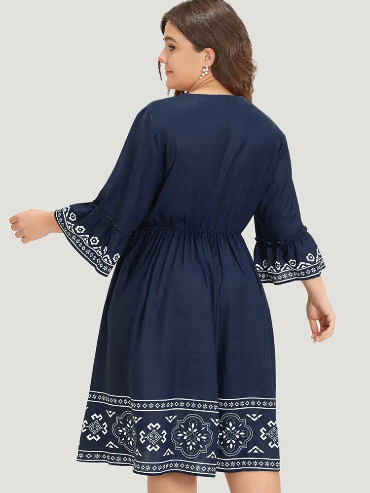 Bandana Print Knot Neck Frill Trim Bell Sleeve Dress sold by Bloomchic product image thumbnail 3