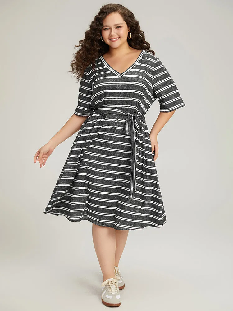 Striped V Neck Pocket Belted Back Cut Out Dress sold by Bloomchic product image thumbnail 5