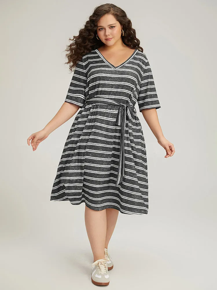 Striped V Neck Pocket Belted Back Cut Out Dress sold by Bloomchic product image thumbnail 4