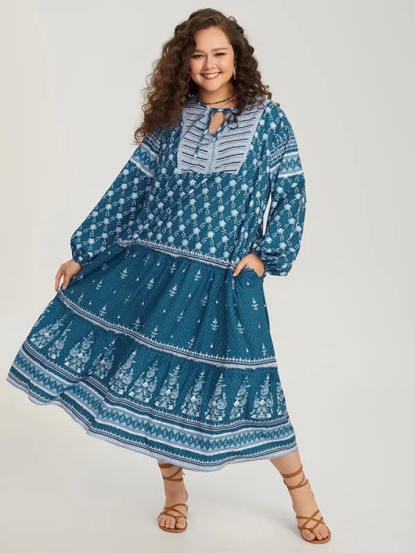 Bandana Print Knot Neck Lantern Sleeve Dress sold by Bloomchic