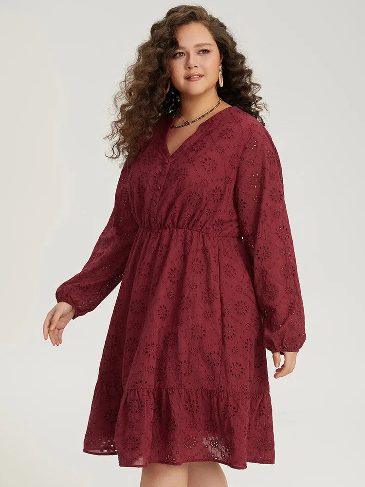 Plain Geometric Eyelet Notched Lantern Sleeve Dress sold by Bloomchic product image thumbnail 3