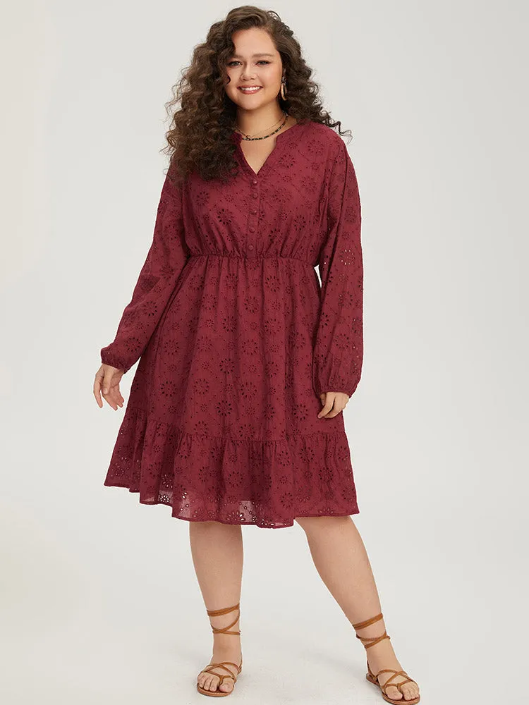 Plain Geometric Eyelet Notched Lantern Sleeve Dress sold by Bloomchic product image thumbnail 4