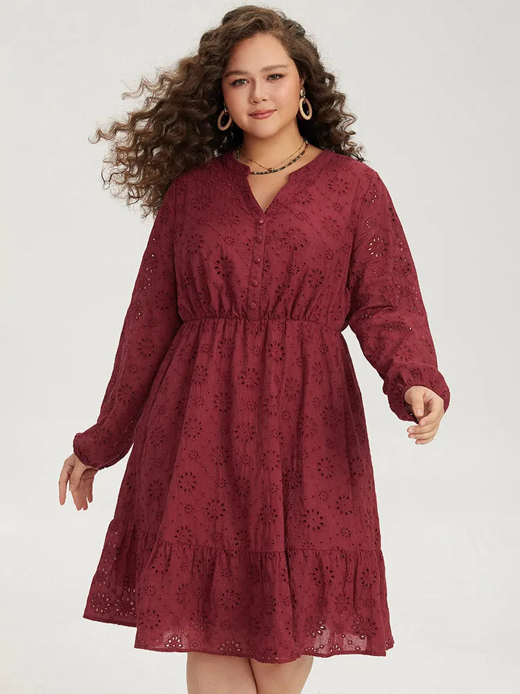 Plain Geometric Eyelet Notched Lantern Sleeve Dress sold by Bloomchic