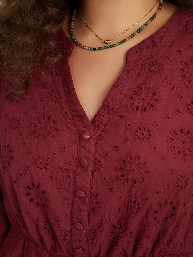 Plain Geometric Eyelet Notched Lantern Sleeve Dress sold by Bloomchic product image thumbnail 5