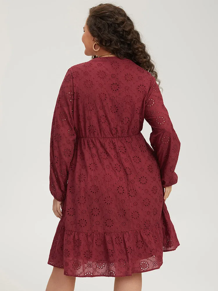 Plain Geometric Eyelet Notched Lantern Sleeve Dress sold by Bloomchic product image thumbnail 2